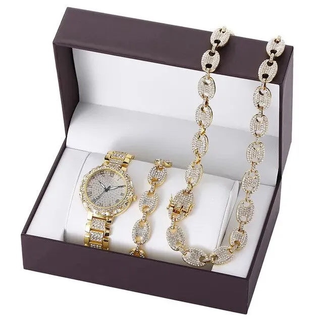 Men Hip-Hop Paved Rhinestones Watch, Bracelet, and Cuban Chain Necklace and Bling Jewelry Set