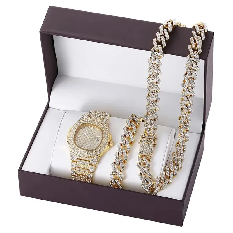 Men Hip-Hop Paved Rhinestones Watch, Bracelet, and Cuban Chain Necklace and Bling Jewelry Set