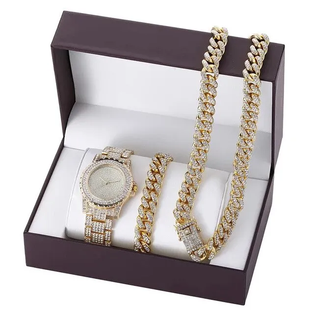 Men Hip-Hop Paved Rhinestones Watch, Bracelet, and Cuban Chain Necklace and Bling Jewelry Set