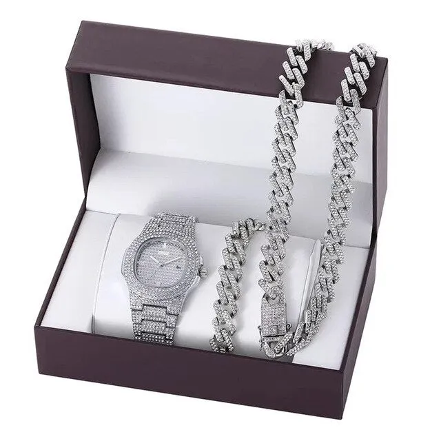 Men Hip-Hop Paved Rhinestones Watch, Bracelet, and Cuban Chain Necklace and Bling Jewelry Set