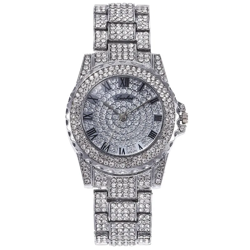 Men Hip-Hop Paved Rhinestones Watch, Bracelet, and Cuban Chain Necklace and Bling Jewelry Set