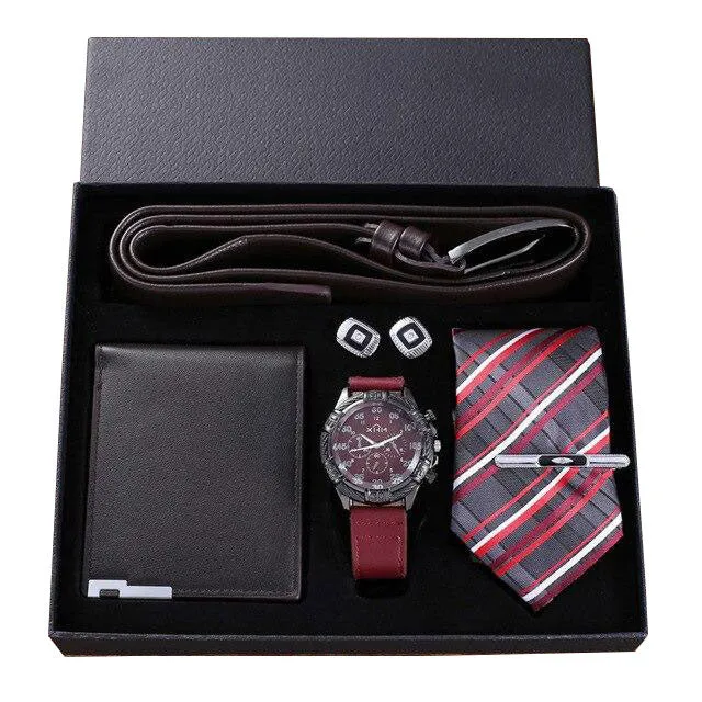 Men Quartz Watch, Leather Belt, Wallet, Cufflinks, and Tie Clip Gift Box Set