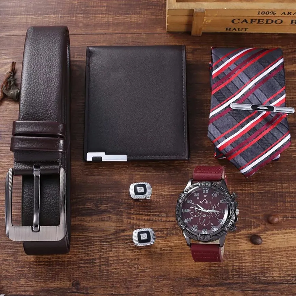 Men Quartz Watch, Leather Belt, Wallet, Cufflinks, and Tie Clip Gift Box Set