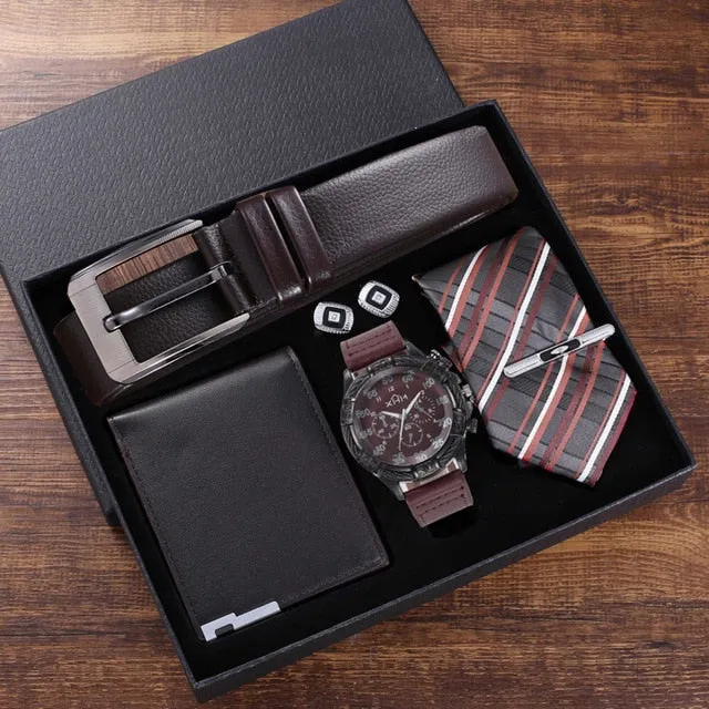 Men Quartz Watch, Leather Belt, Wallet, Cufflinks, and Tie Clip Gift Box Set