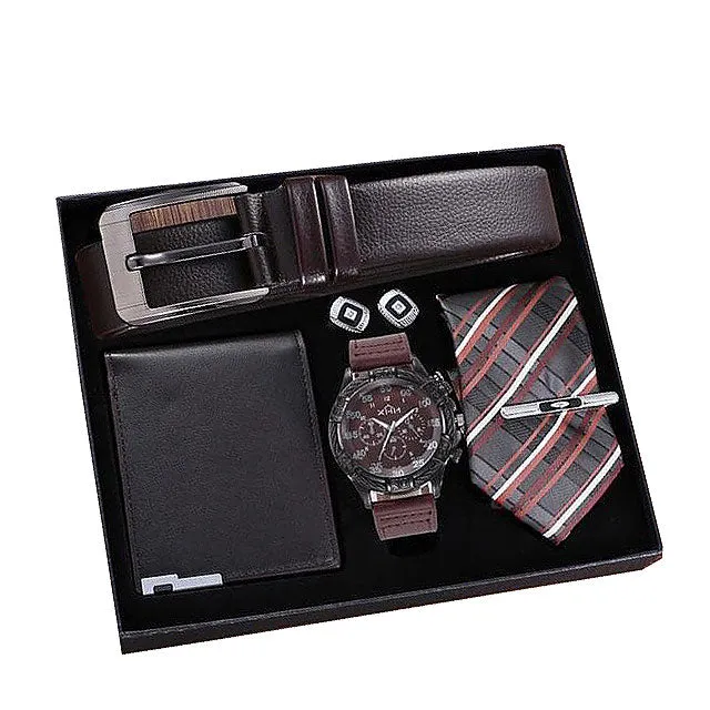 Men Quartz Watch, Leather Belt, Wallet, Cufflinks, and Tie Clip Gift Box Set