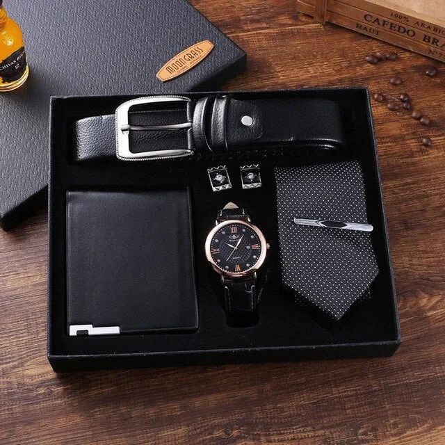 Men Quartz Watch, Leather Belt, Wallet, Cufflinks, and Tie Clip Gift Box Set