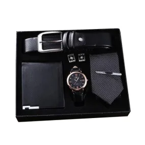 Men Quartz Watch, Leather Belt, Wallet, Cufflinks, and Tie Clip Gift Box Set