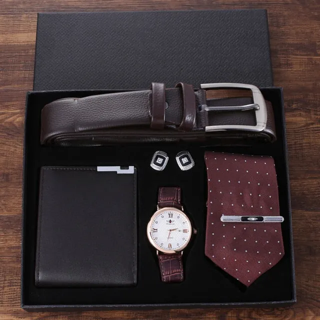 Men Quartz Watch, Leather Belt, Wallet, Cufflinks, and Tie Clip Gift Box Set