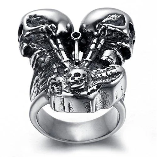 Men Stainless Steel Vintage Skull Motor Engine Ring