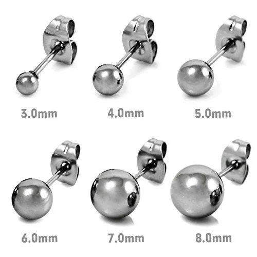 Men's 3~8mm Stainless Steel Stud Earrings Silver Tone Bead Ball