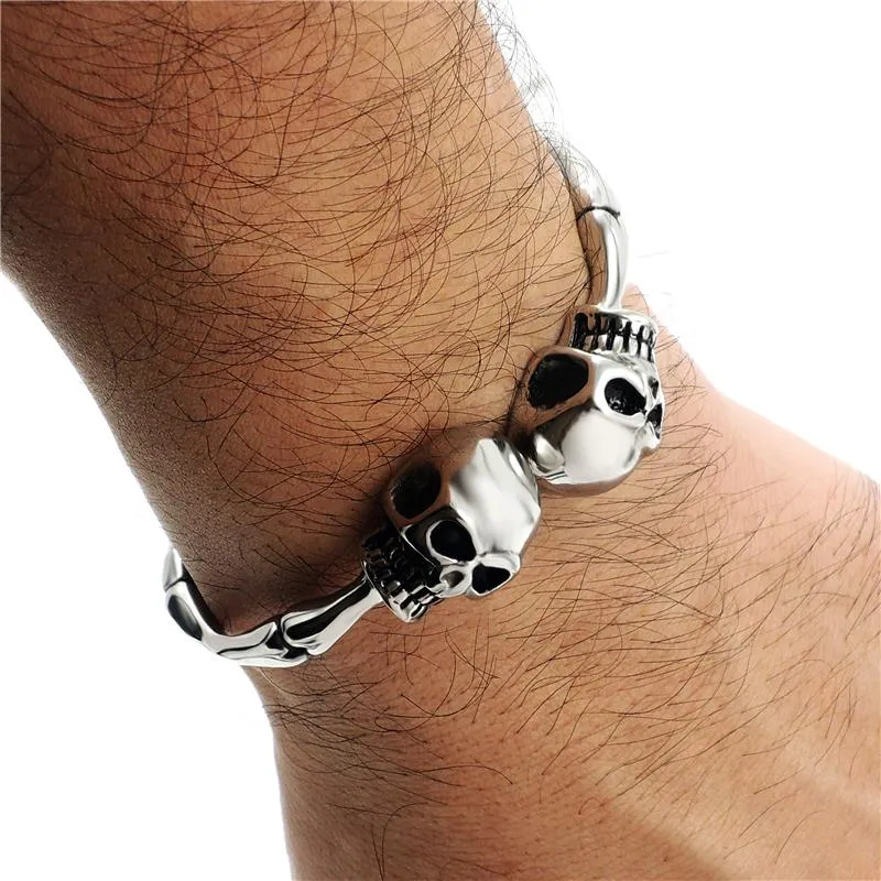 Men's Stainless Steel Silver-Tone Skull Cuff Bracelet