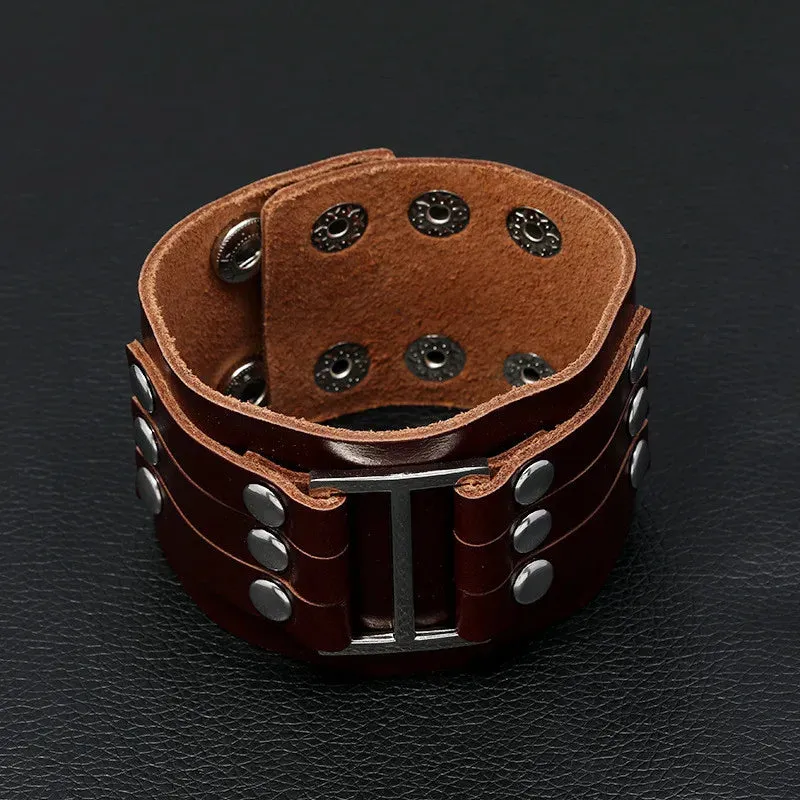 Men's Wide Alloy Genuine Leather Bracelet Bangle Cuff Brown Black Silver Tone Adjustable