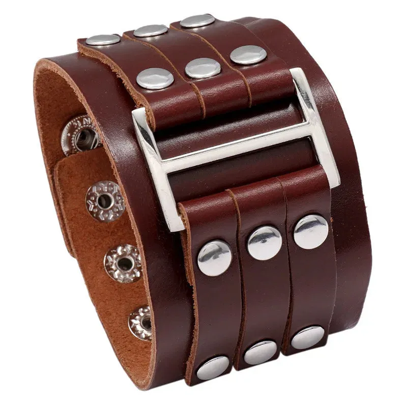 Men's Wide Alloy Genuine Leather Bracelet Bangle Cuff Brown Black Silver Tone Adjustable