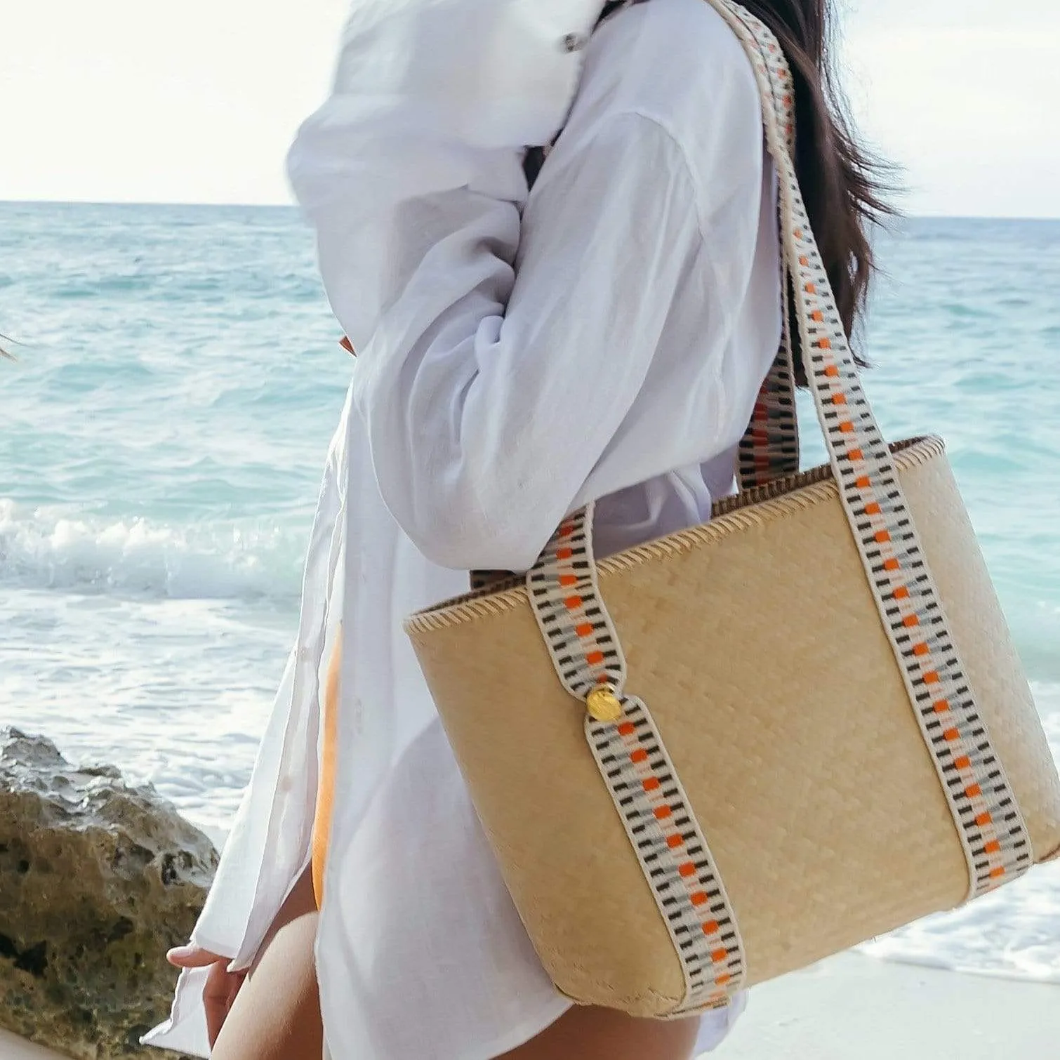 Mentawai Handwoven Bamboo Vegan Small Tote Bag | Natural & Orange