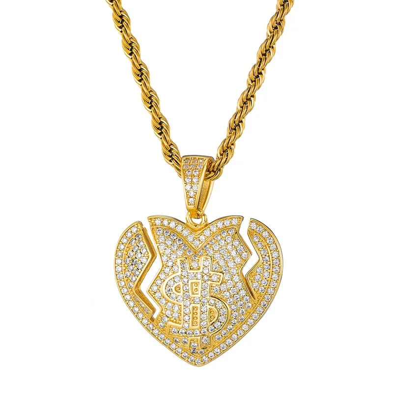 Micro Paved Cubic-Zirconia-Studded Broken Heart with Dollar Sign Bling Hip-hop Pendant Necklace