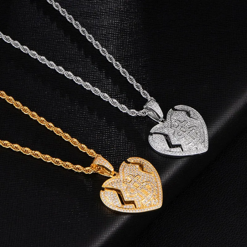 Micro Paved Cubic-Zirconia-Studded Broken Heart with Dollar Sign Bling Hip-hop Pendant Necklace