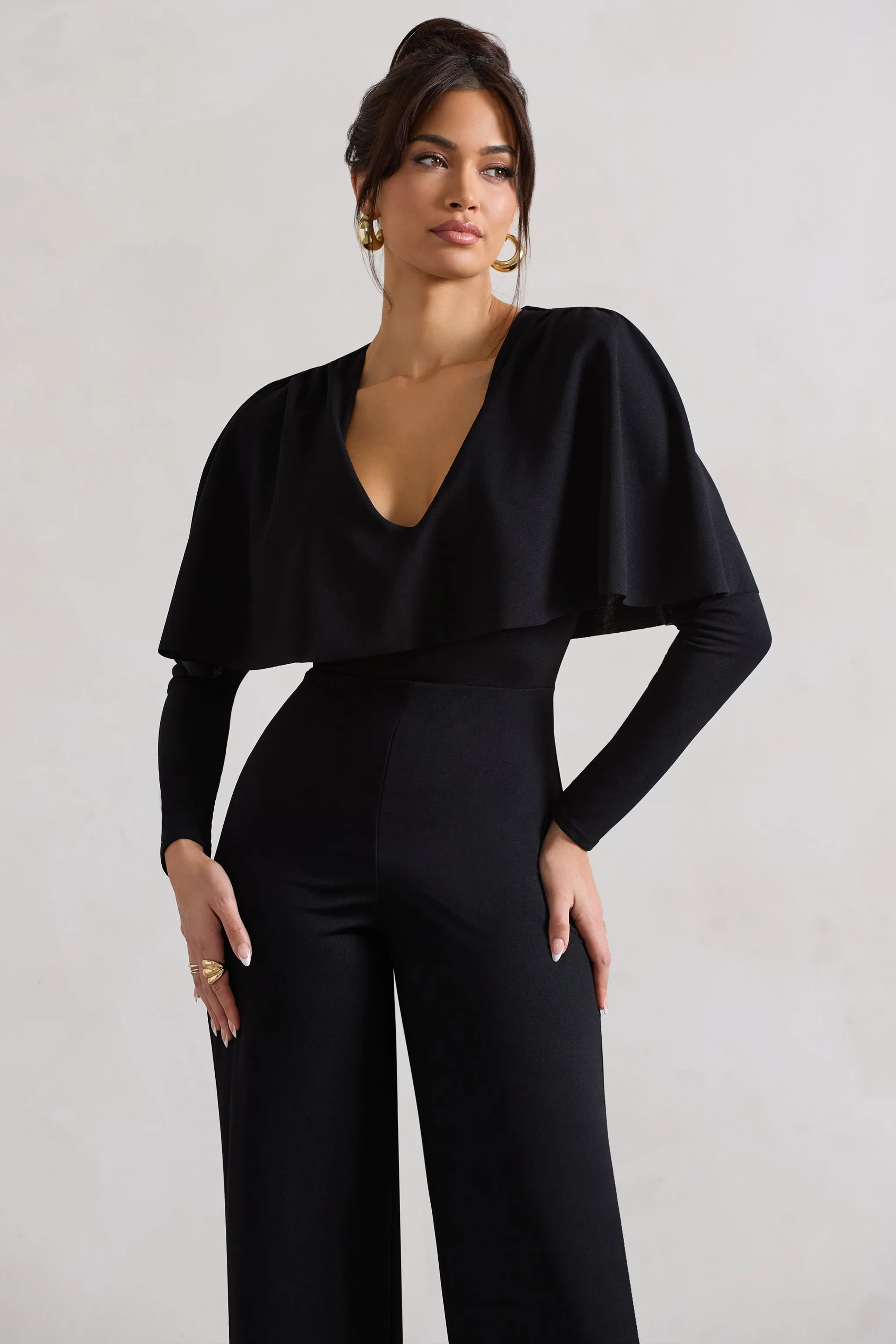 My Charm | Black Draped Plunge-Neck Straight-Leg Jumpsuit