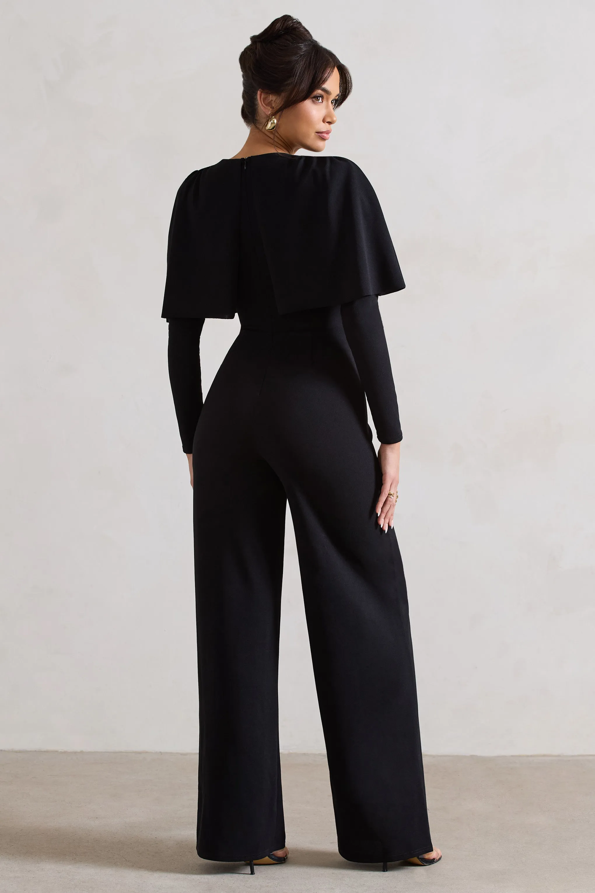 My Charm | Black Draped Plunge-Neck Straight-Leg Jumpsuit