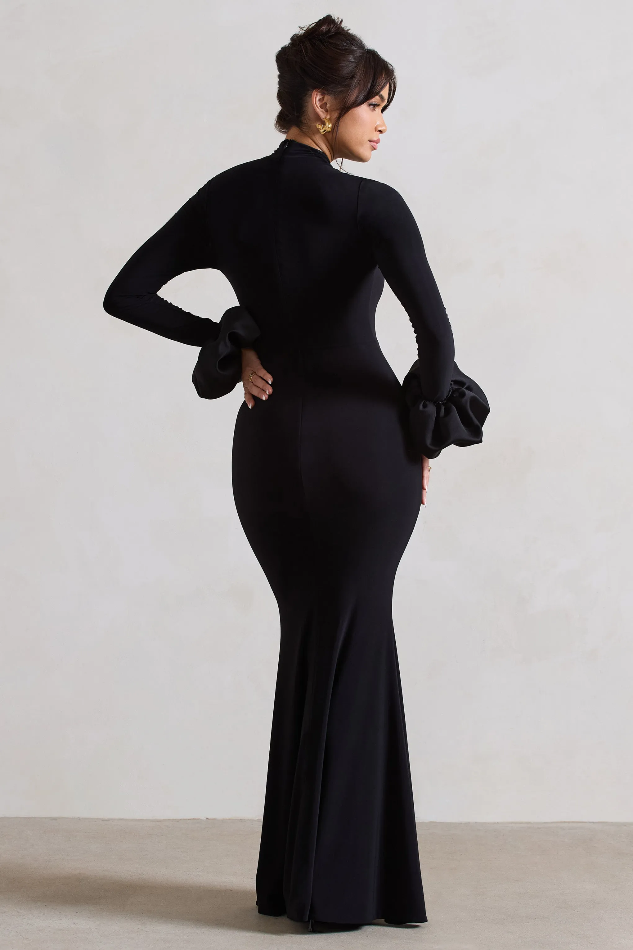 Mystic | Black High-Neck Maxi Dress With Satin Cuffs