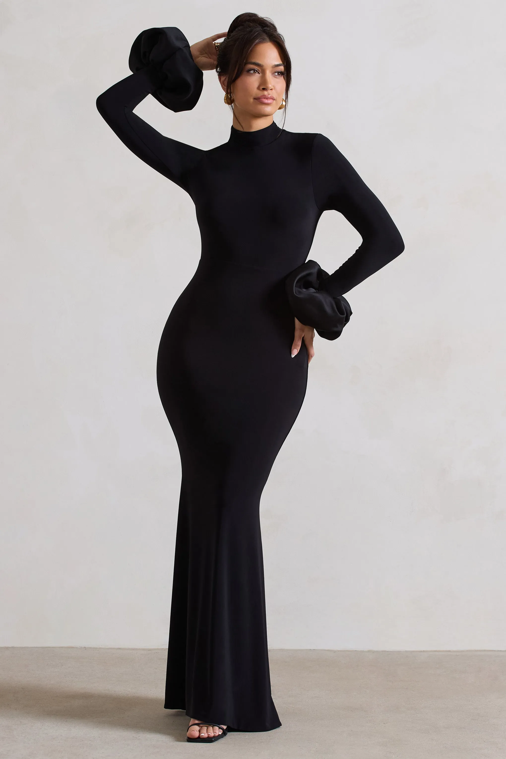 Mystic | Black High-Neck Maxi Dress With Satin Cuffs