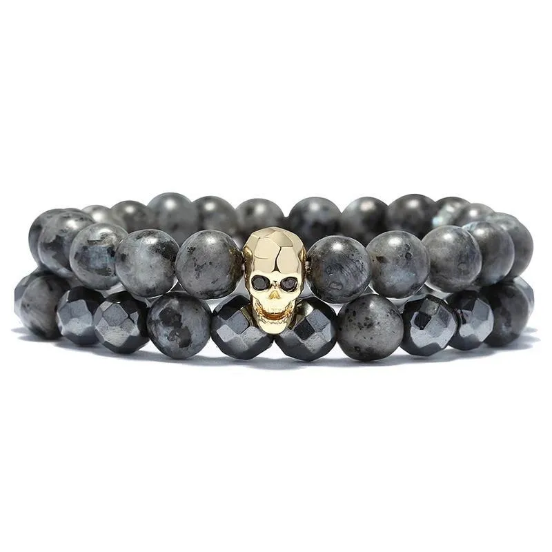 Natural Stone Antique Black Beads Skull Bracelet