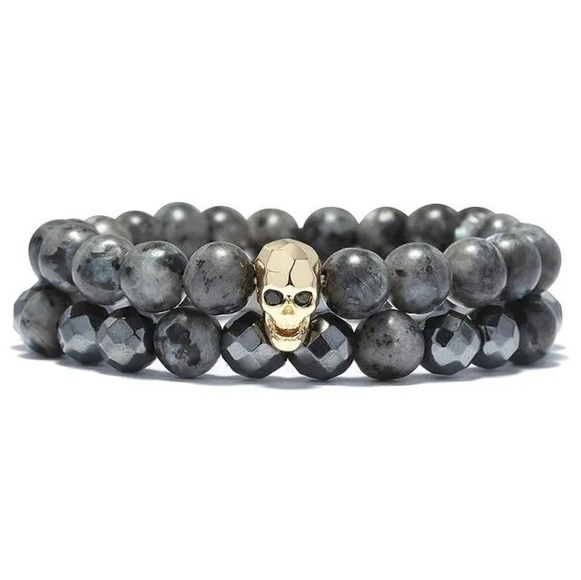 Natural Stone Antique Black Beads Skull Bracelet