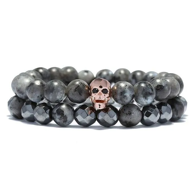 Natural Stone Antique Black Beads Skull Bracelet