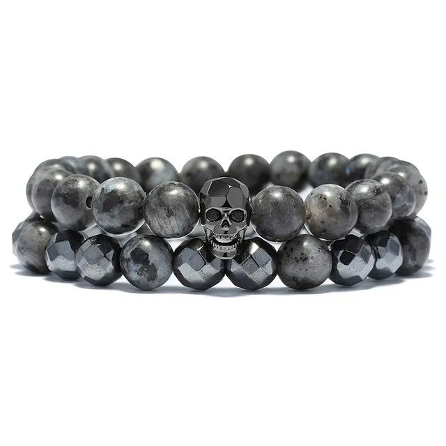 Natural Stone Antique Black Beads Skull Bracelet