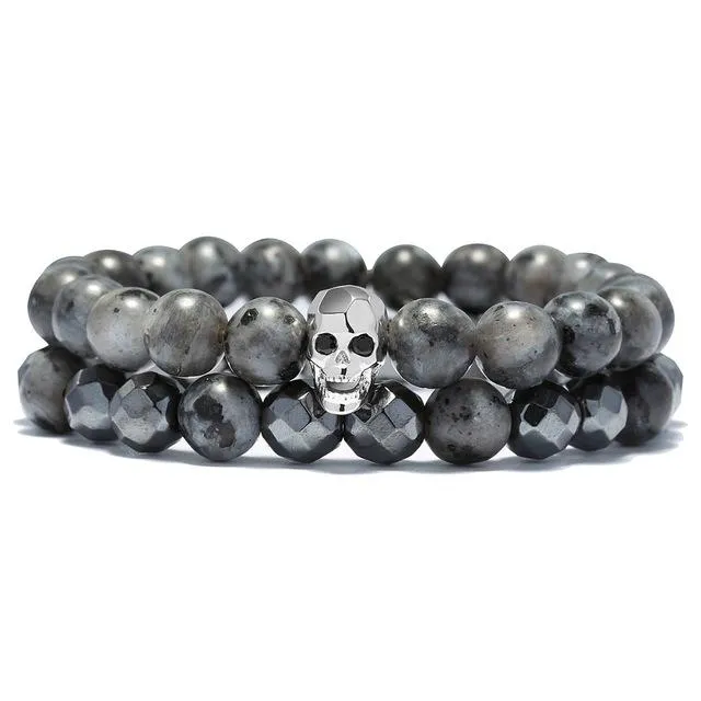 Natural Stone Antique Black Beads Skull Bracelet