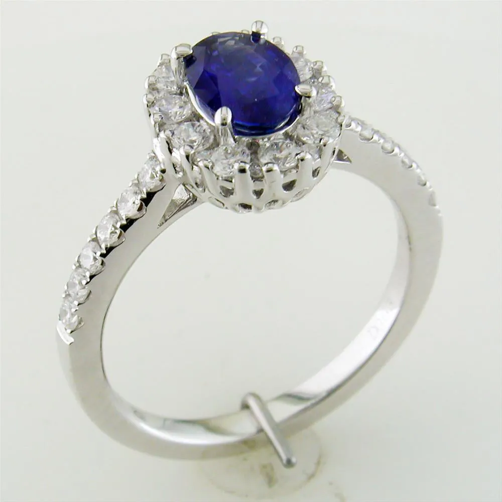 Oval Sapphire Diamond Halo Color Crown Collection 18K White Gold Ring