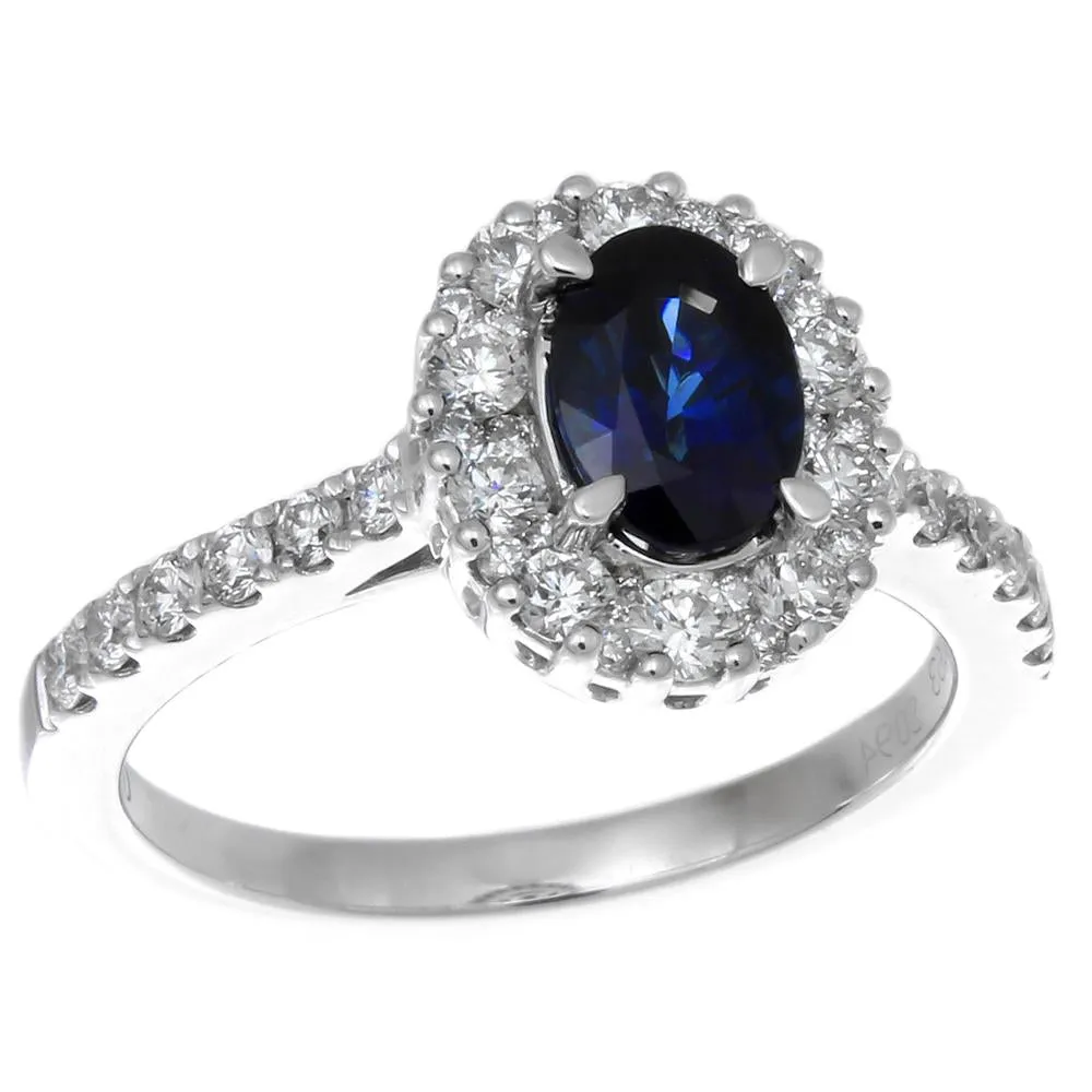 Oval Sapphire Diamond Halo Color Crown Collection 18K White Gold Ring