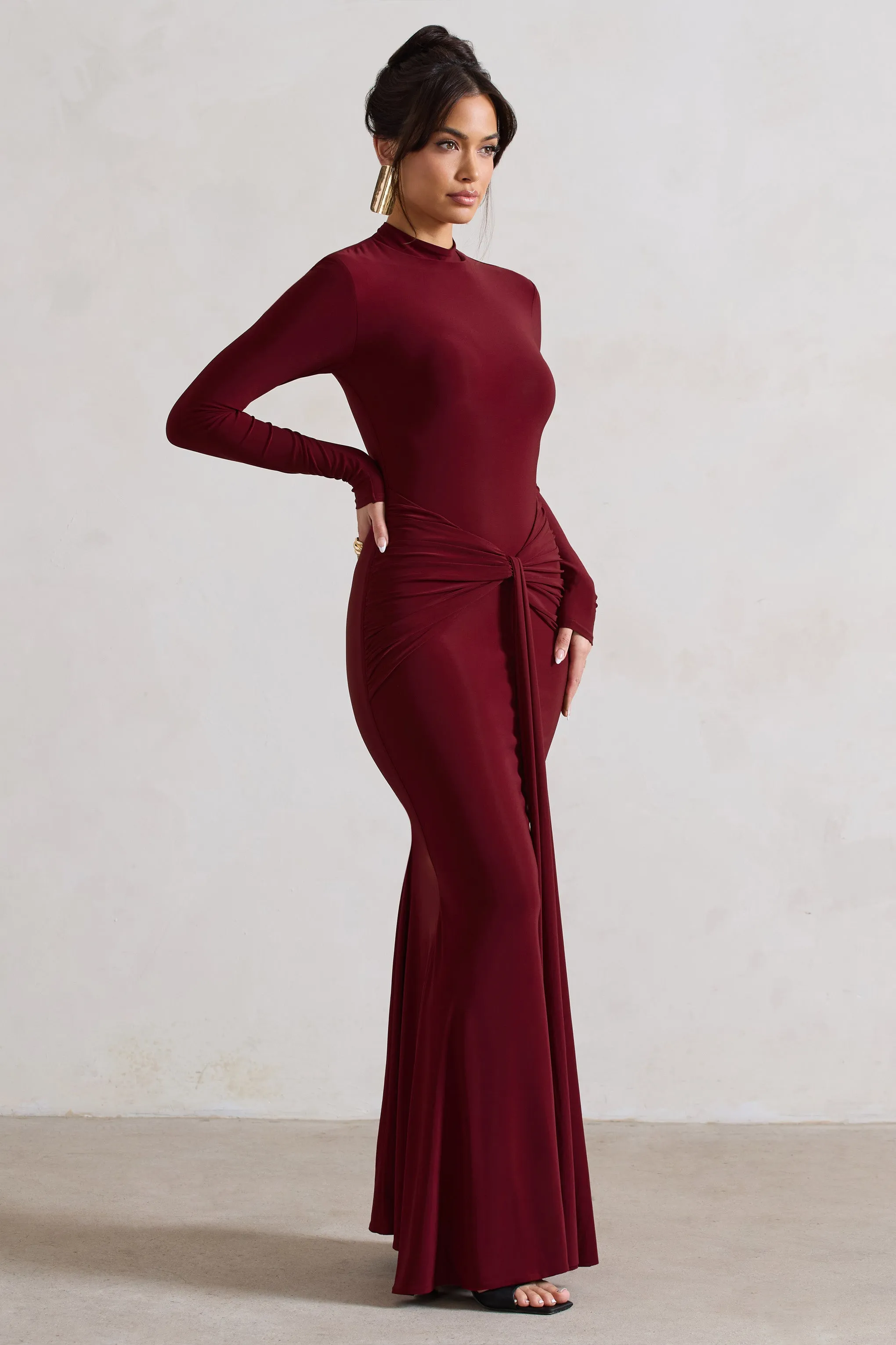 Pietra | Berry High-Neck Long Sleeve Knot Maxi Dress