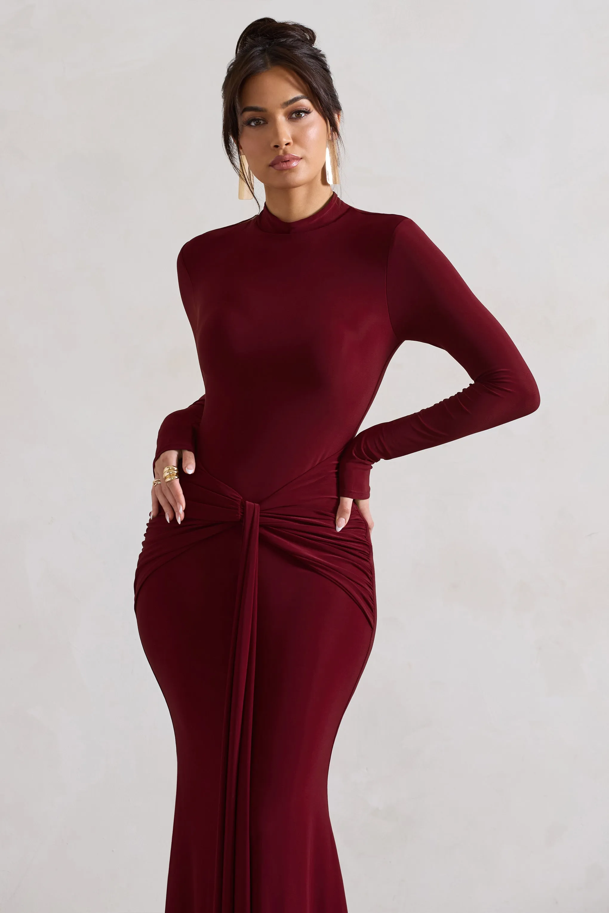 Pietra | Berry High-Neck Long Sleeve Knot Maxi Dress