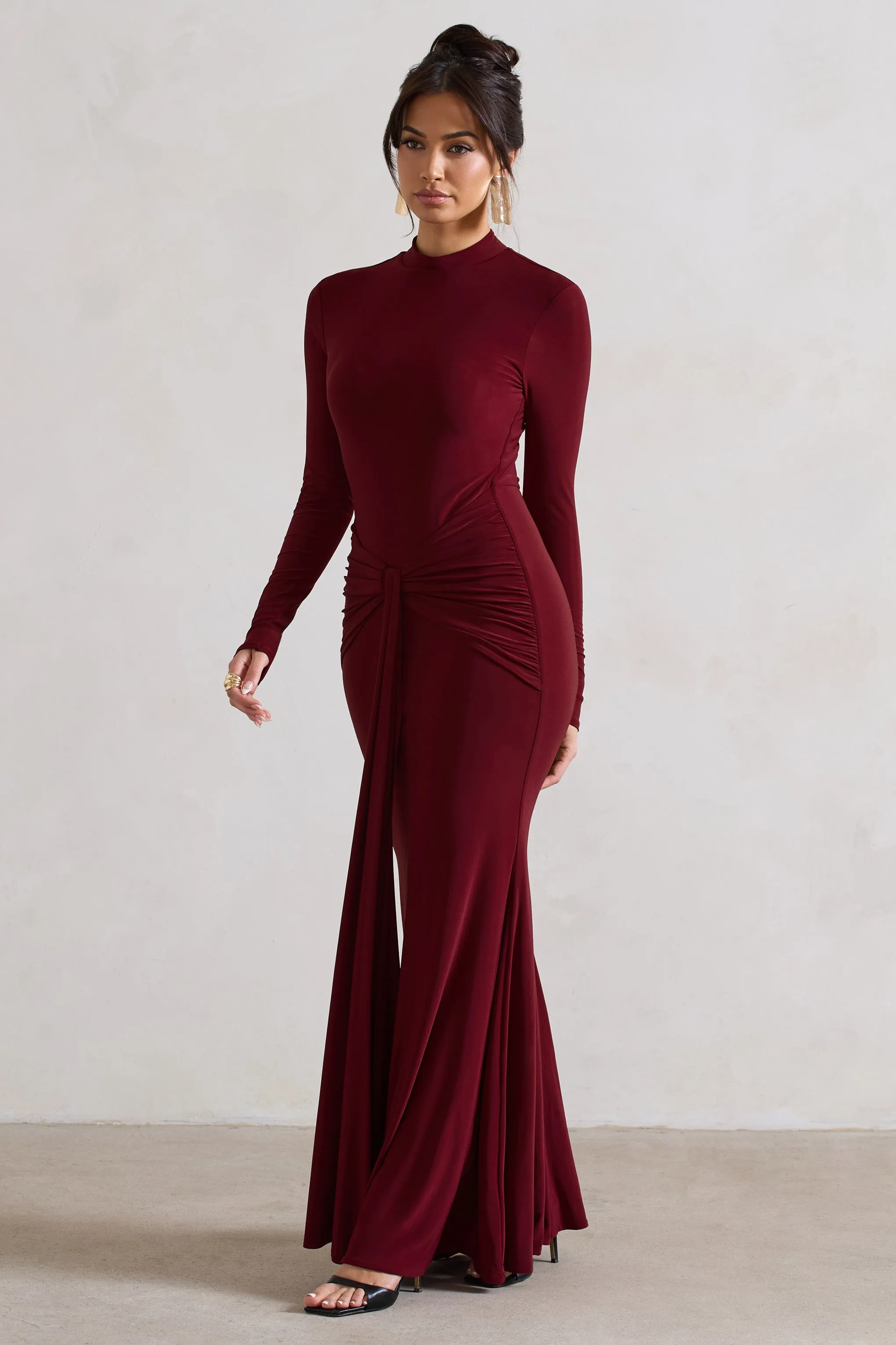 Pietra | Berry High-Neck Long Sleeve Knot Maxi Dress