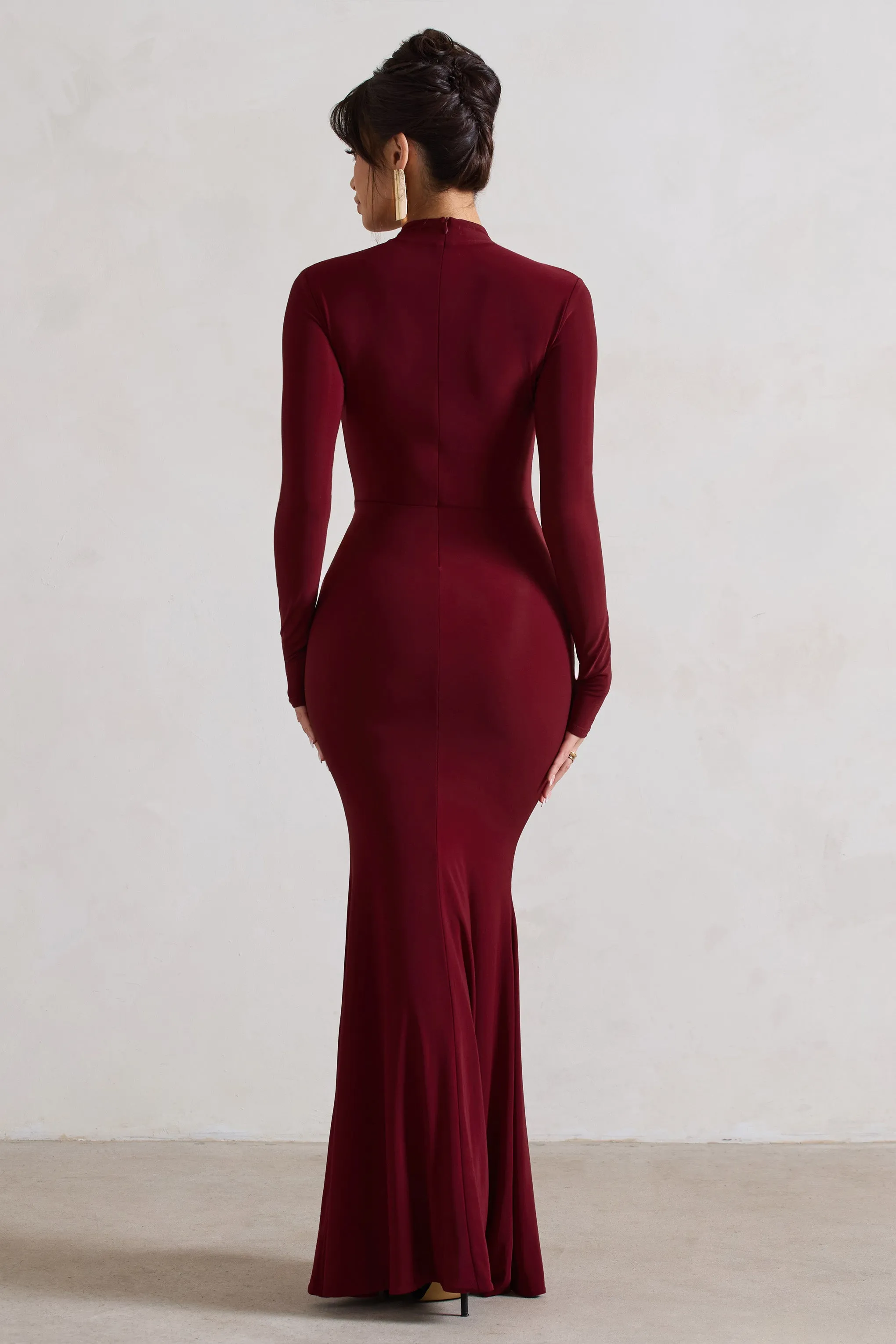 Pietra | Berry High-Neck Long Sleeve Knot Maxi Dress