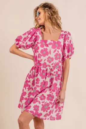 Pink Floral Puff Sleeve Mini Dress