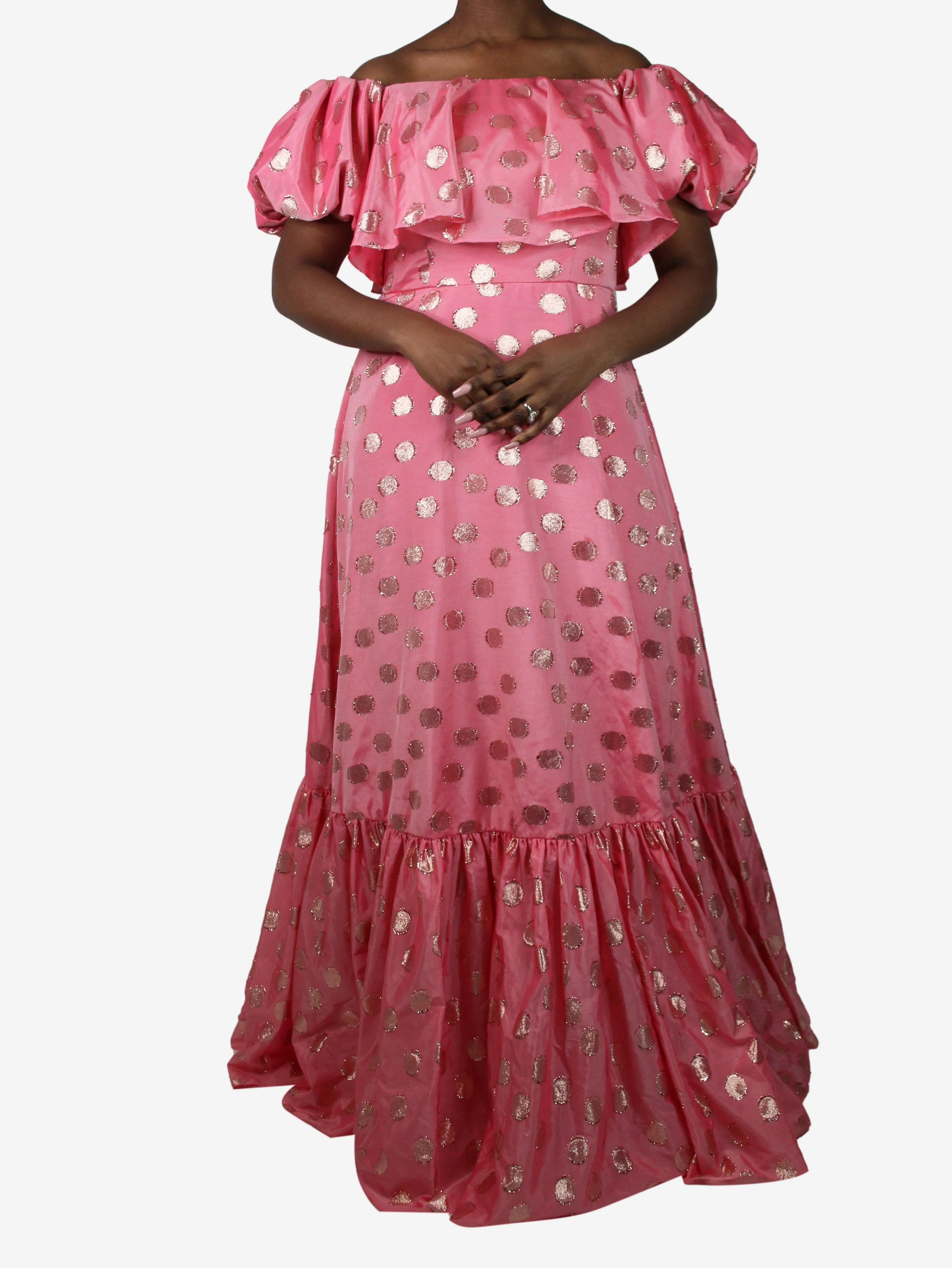 Pink puff-sleeved lurex polka dot midi dress - size UK 12