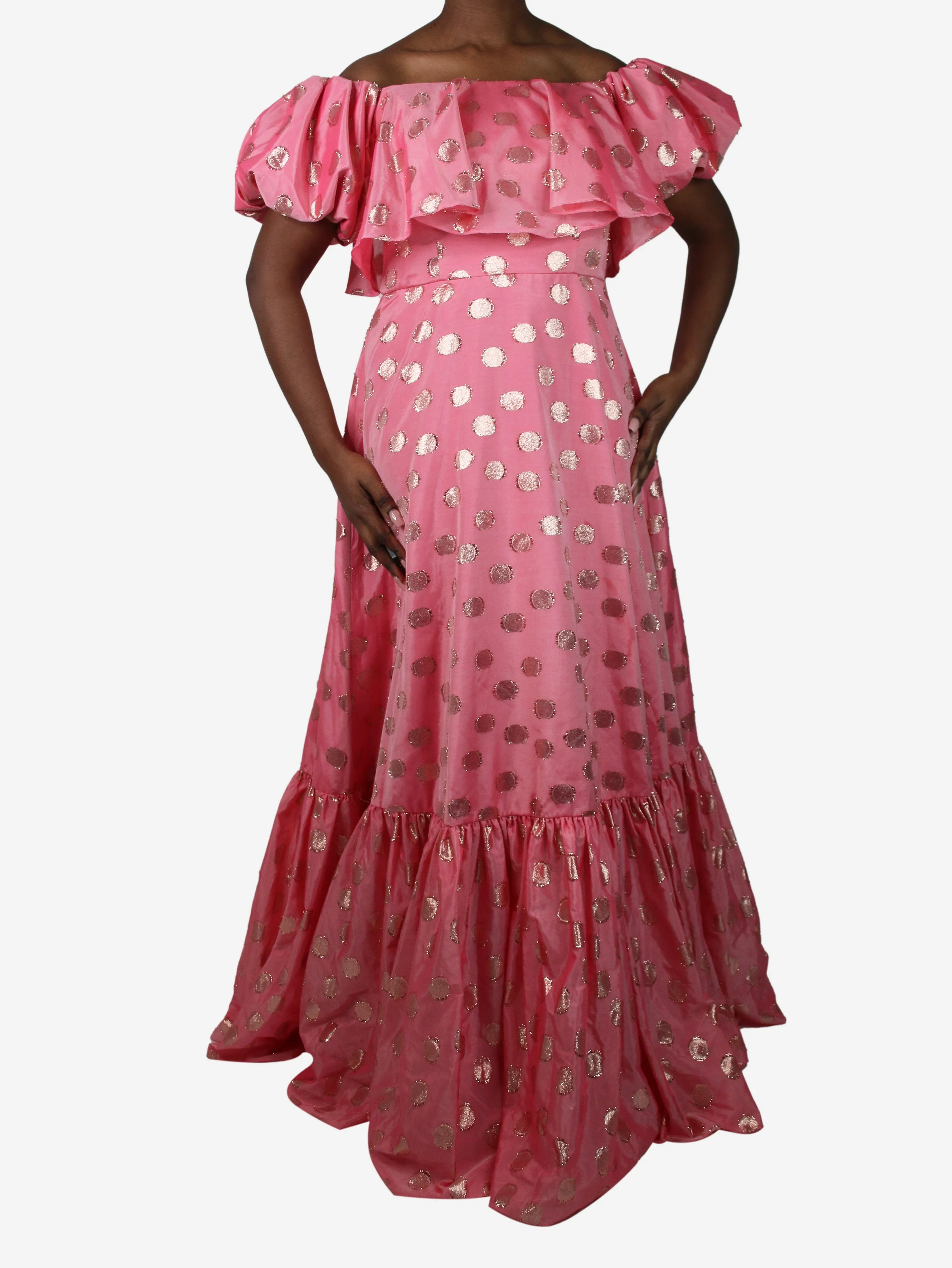 Pink puff-sleeved lurex polka dot midi dress - size UK 12