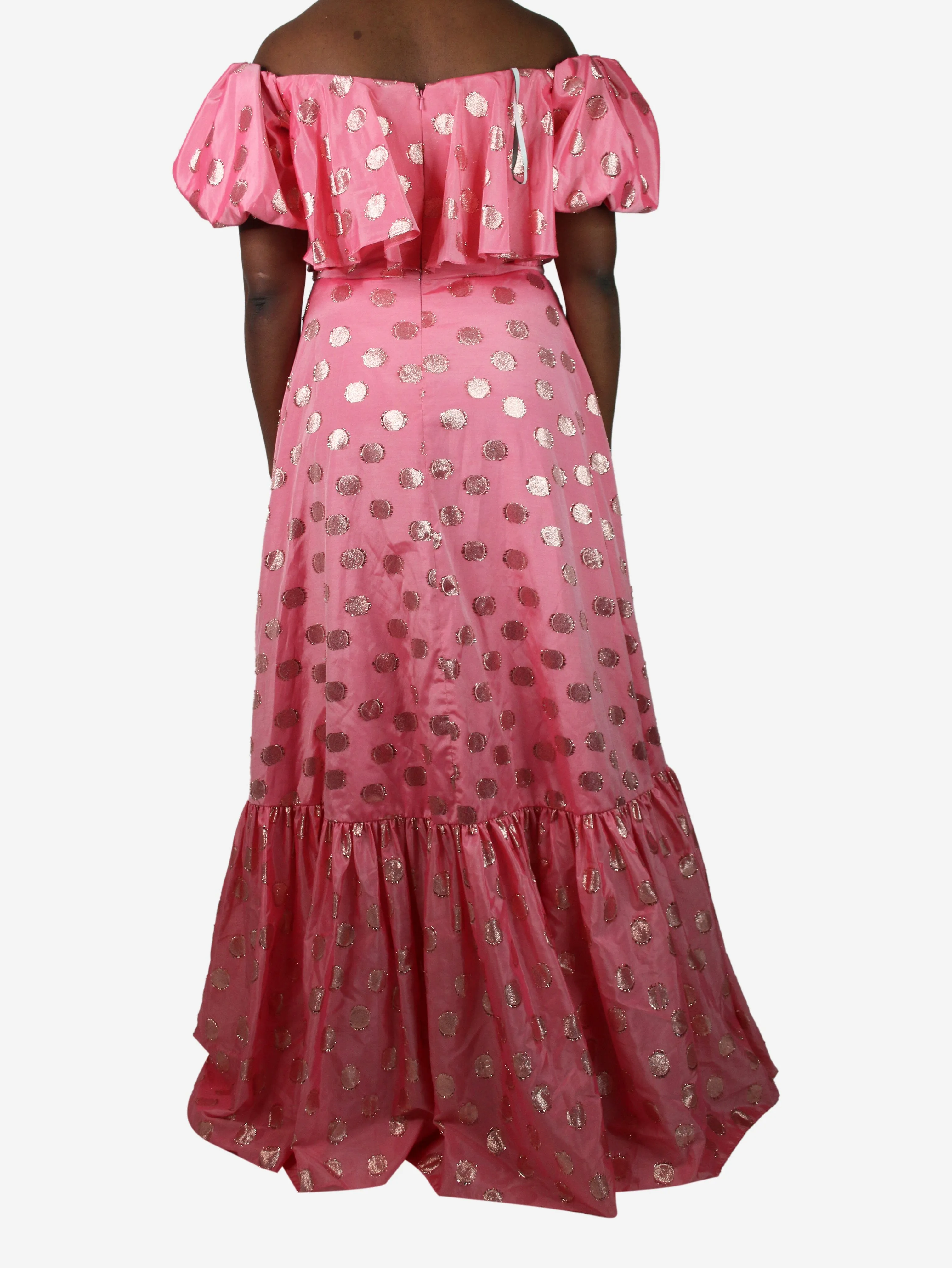 Pink puff-sleeved lurex polka dot midi dress - size UK 12