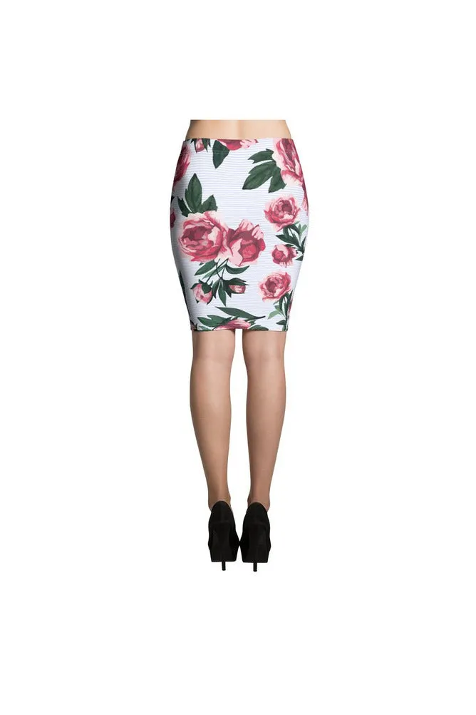 Pink Rose on Micro Blue Stripes Pencil Skirt