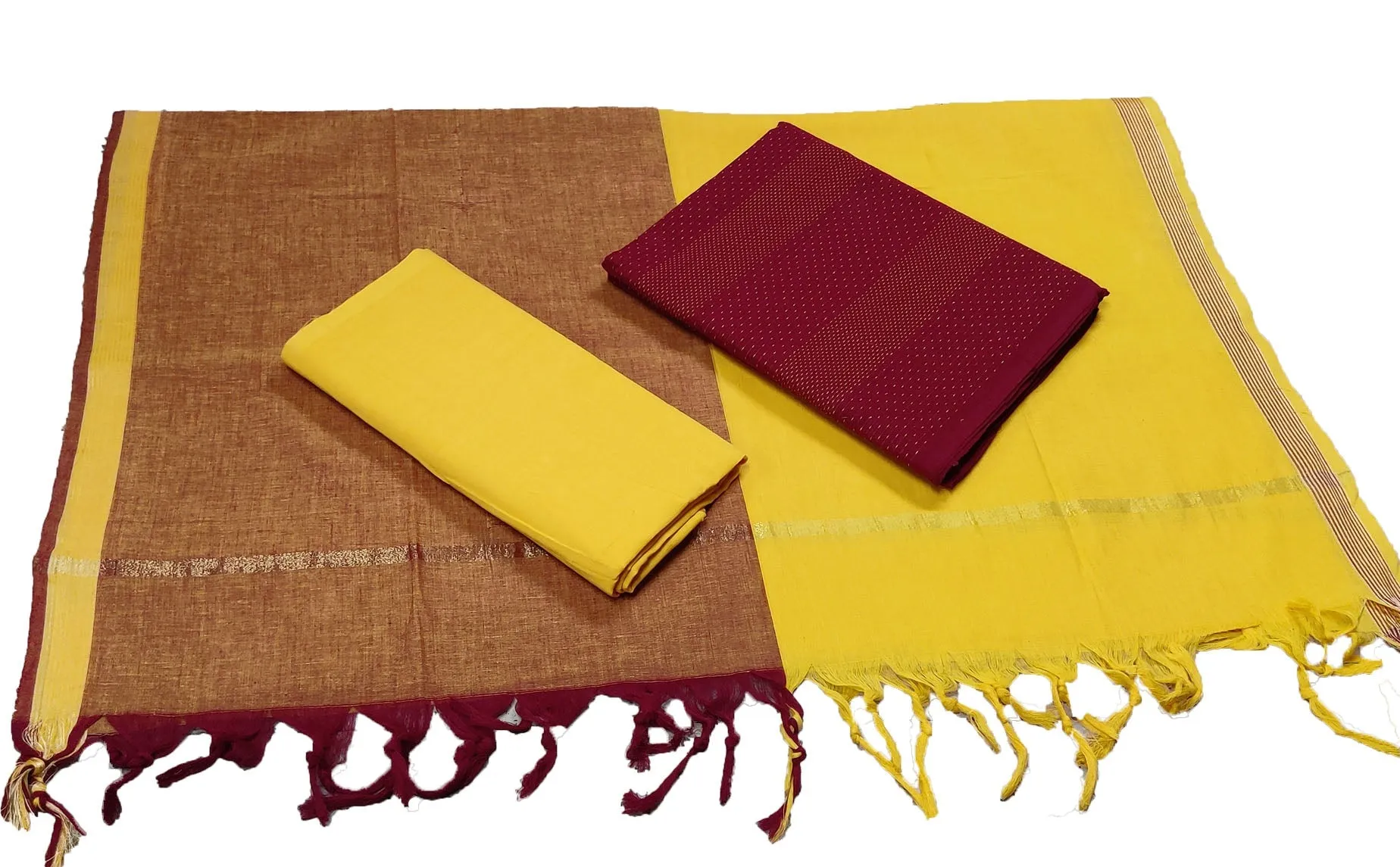 Punekar Cotton 100% Handloom Cotton Brown & Yellow Color Women Dress Unstitched Fabric