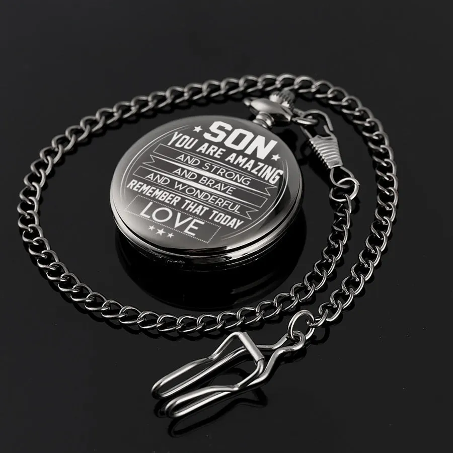 "To My Son, You Are Amazing" Black Casual Quartz Chain Link Pocket Watch