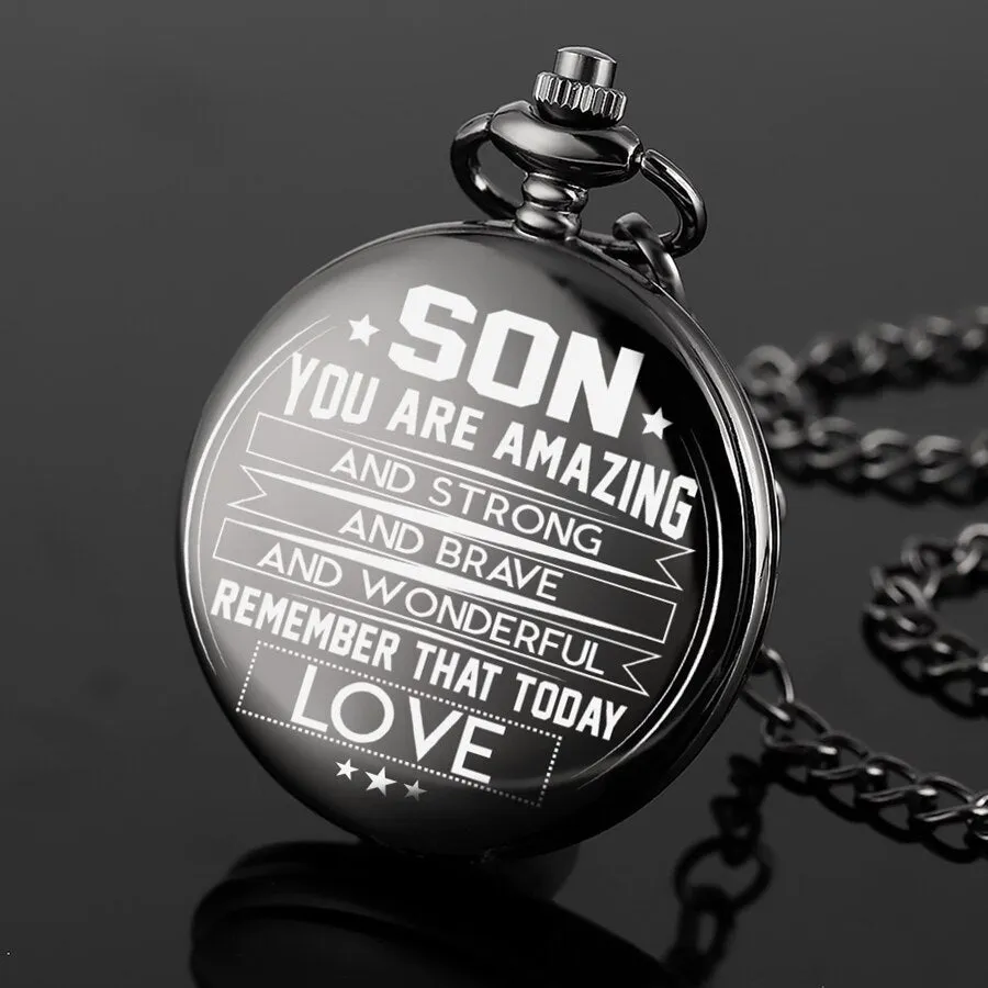 "To My Son, You Are Amazing" Black Casual Quartz Chain Link Pocket Watch