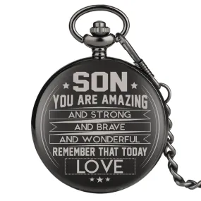 "To My Son, You Are Amazing" Black Casual Quartz Chain Link Pocket Watch