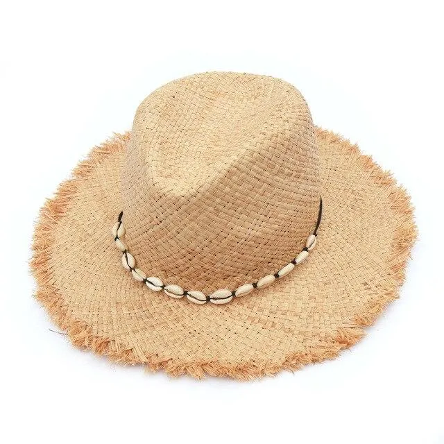 Raffia Panama Hat with Natural Hawaian Cowrie Shell Conch