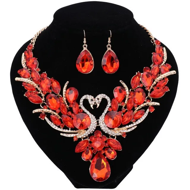 Red Crystal Double Swan Necklace & Earrings Wedding Jewelry Set