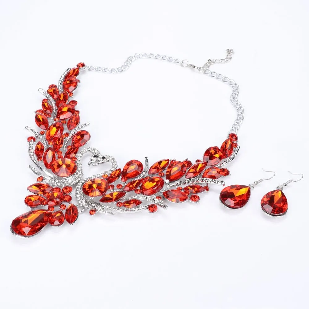 Red Crystal Double Swan Necklace & Earrings Wedding Jewelry Set