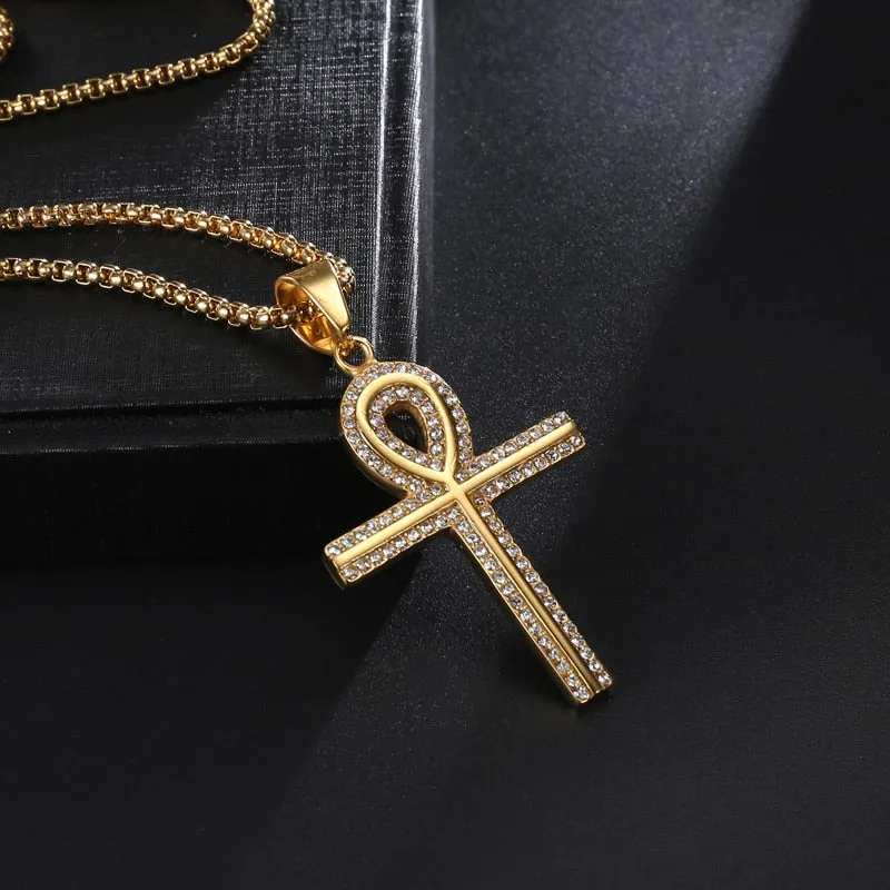 Rhinestone Egyptian Ankh Bling Stainless Steel Hip-hop Pendant Necklace