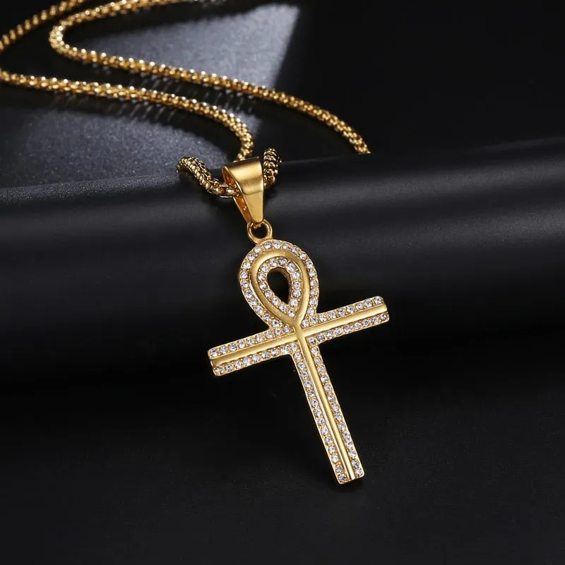 Rhinestone Egyptian Ankh Bling Stainless Steel Hip-hop Pendant Necklace