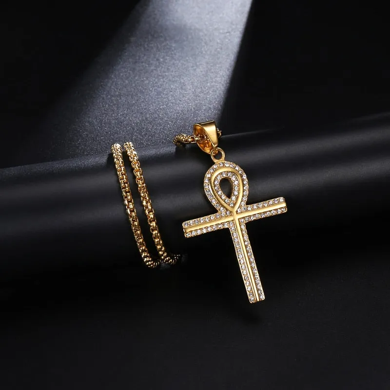 Rhinestone Egyptian Ankh Bling Stainless Steel Hip-hop Pendant Necklace